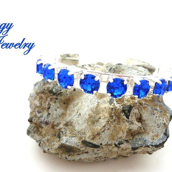 Sapphire Cuff Bangle Bracelet made with Genuine Austrian Crystals, Siggy Jewelry - Picture 4 of 4